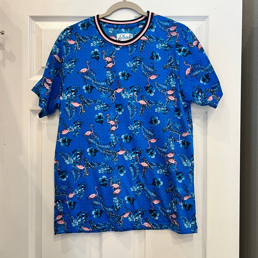 Fresh Prints of Bel-Air T-Shirt Polyester Tropical Flamingo Floral Retro Blue L